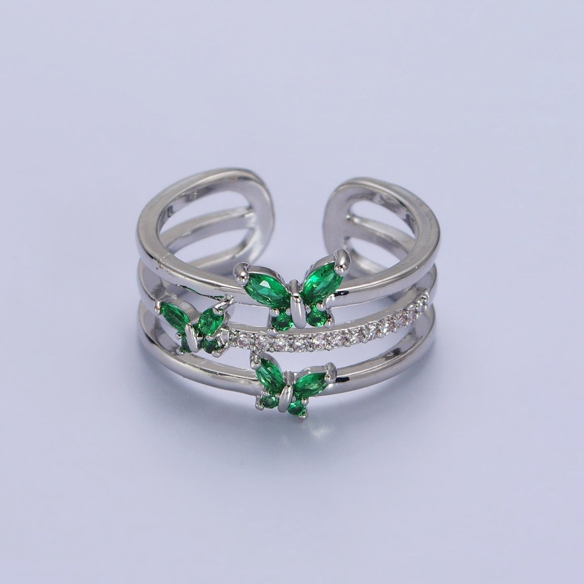 Silver, Gold Triple Band Micro Paved CZ Green, Purple Butterfly Mariposa Ring | O267-O-270