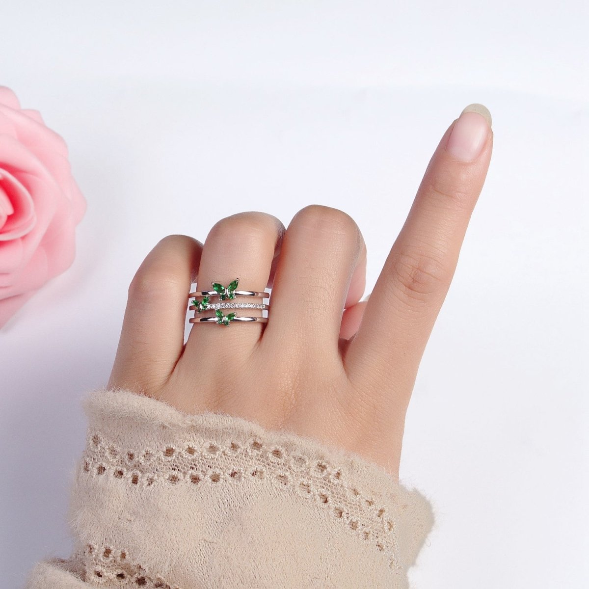 Silver, Gold Triple Band Micro Paved CZ Green, Purple Butterfly Mariposa Ring | O267-O-270