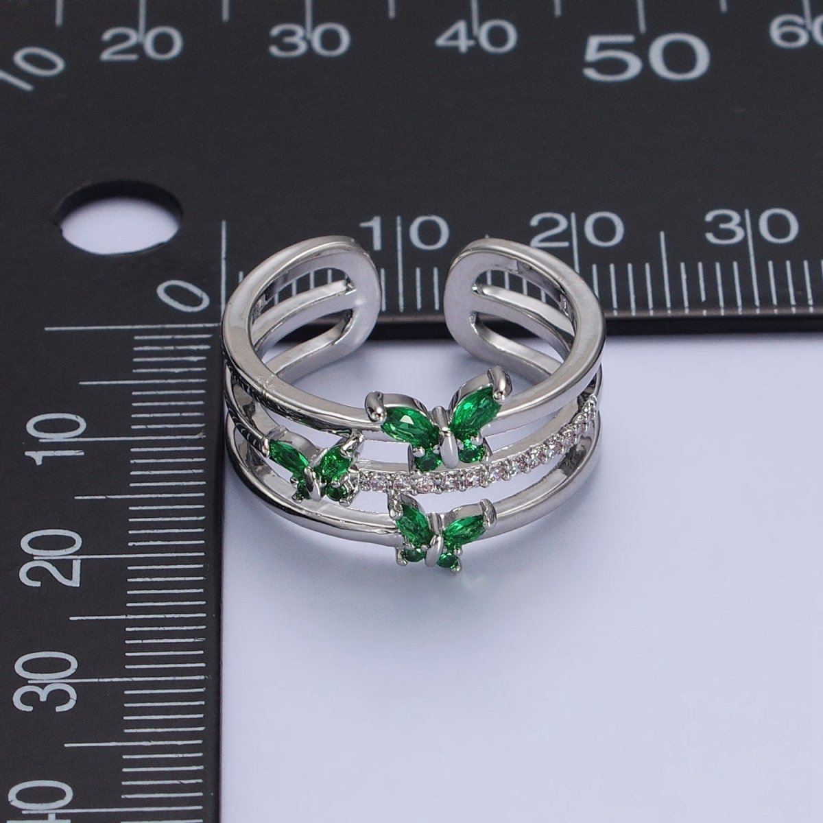 Silver, Gold Triple Band Micro Paved CZ Green, Purple Butterfly Mariposa Ring | O267-O-270