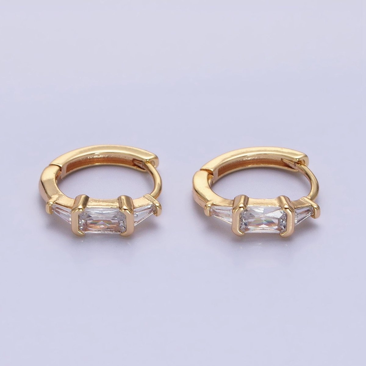 Silver, Gold Triple Clear Baguette CZ 13mm Huggie Earrings | AB1092 AD790