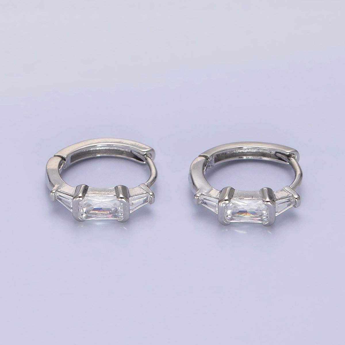 Silver, Gold Triple Clear Baguette CZ 13mm Huggie Earrings | AB1092 AD790