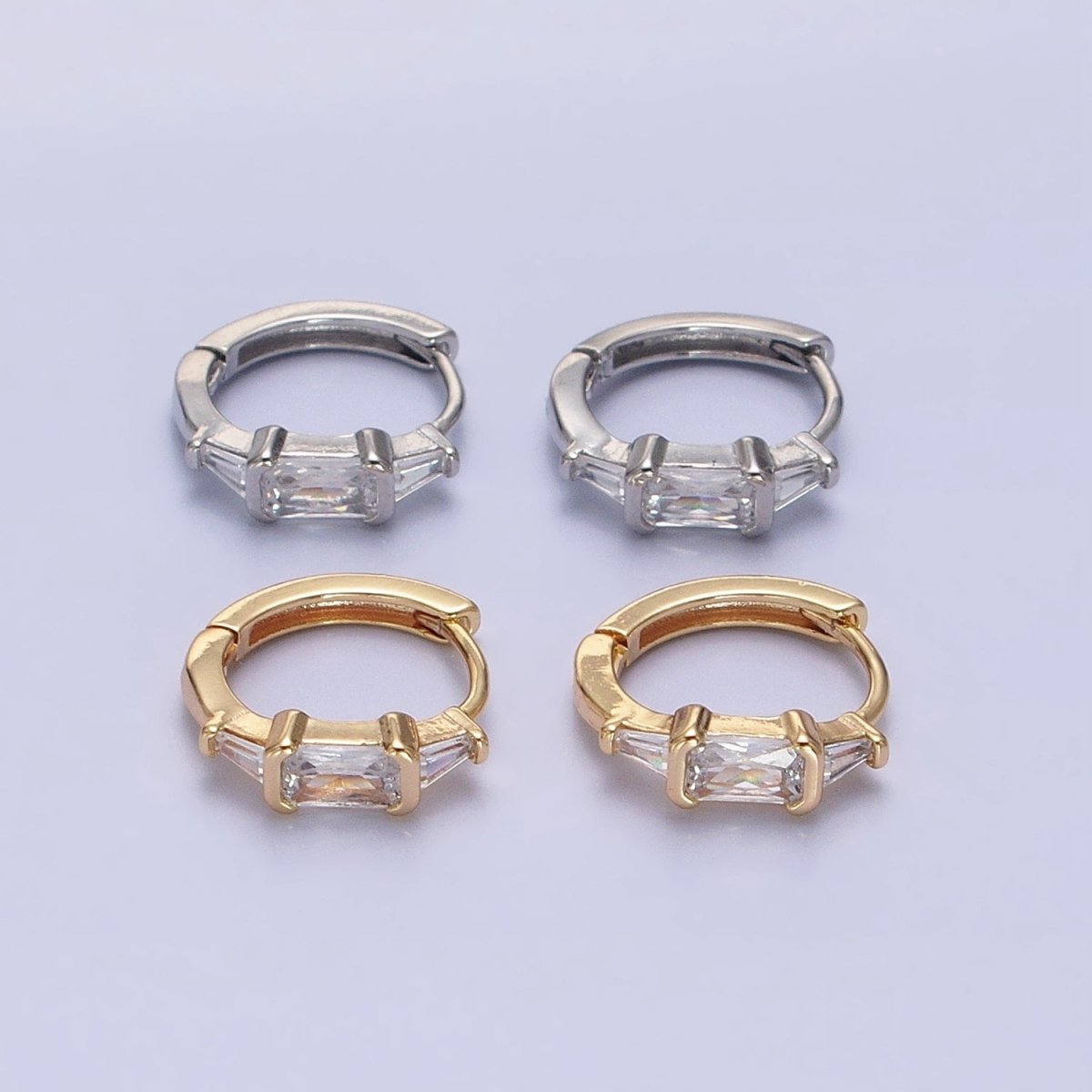 Silver, Gold Triple Clear Baguette CZ 13mm Huggie Earrings | AB1092 AD790