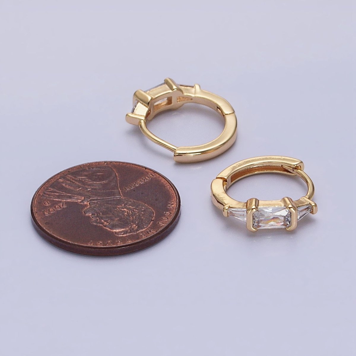 Silver, Gold Triple Clear Baguette CZ 13mm Huggie Earrings | AB1092 AD790