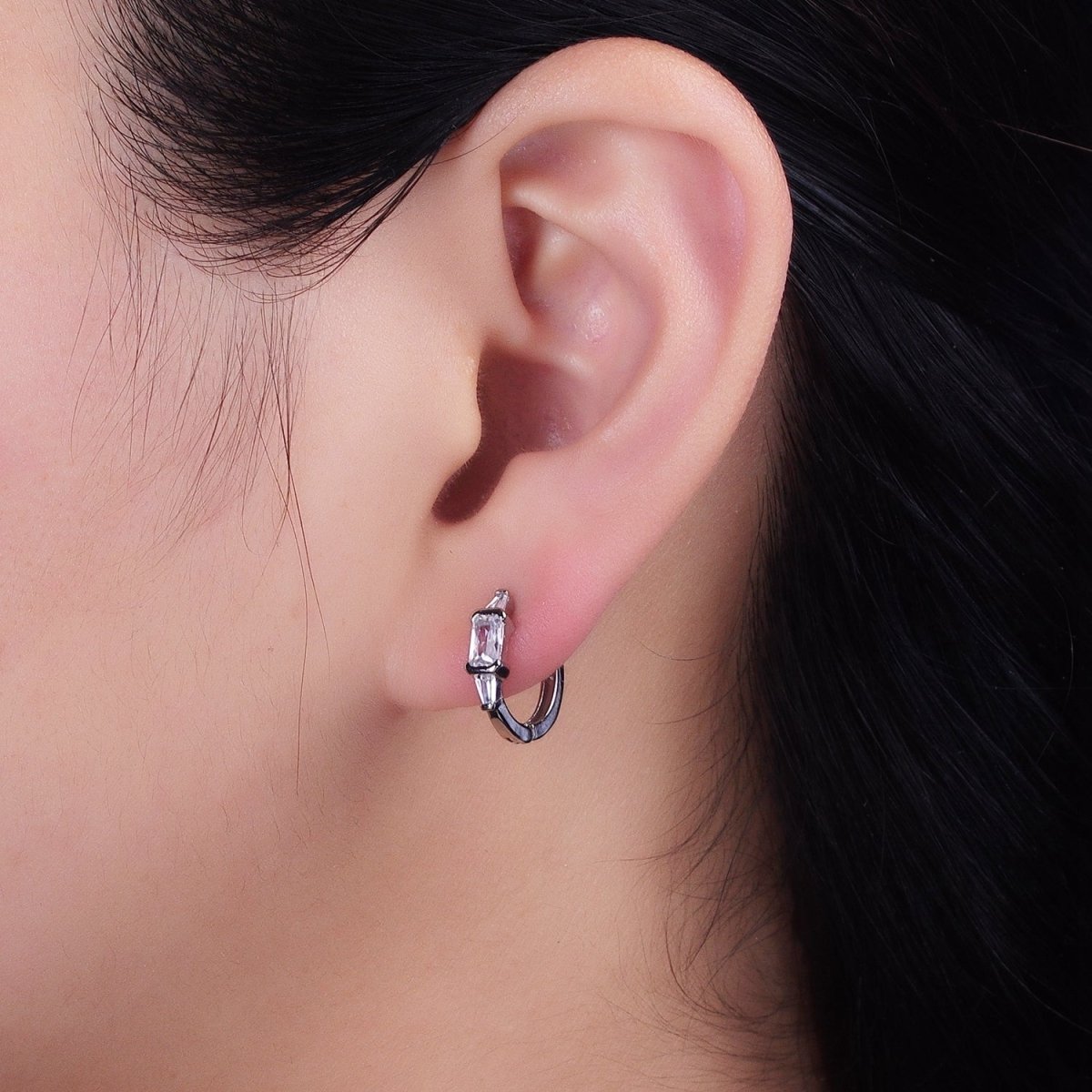 Silver, Gold Triple Clear Baguette CZ 13mm Huggie Earrings | AB1092 AD790