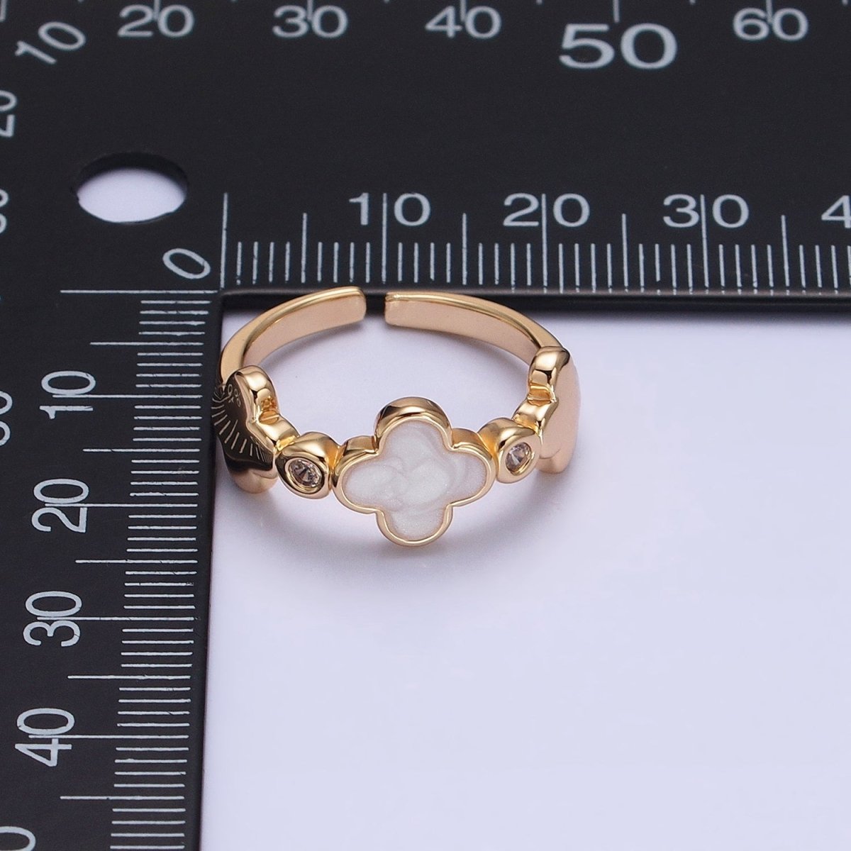 Silver, Gold Triple Clover Quatrefoil Sparkly Enamel White Clear CZ Adjustable Ring | O-1697 O-1698