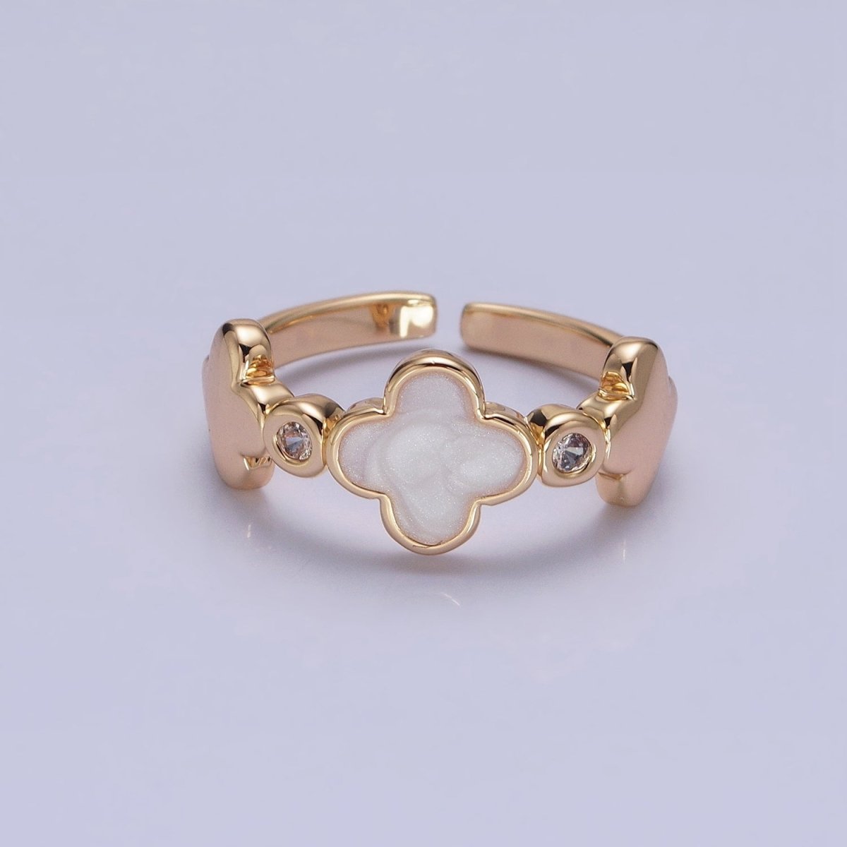 Silver, Gold Triple Clover Quatrefoil Sparkly Enamel White Clear CZ Adjustable Ring | O-1697 O-1698