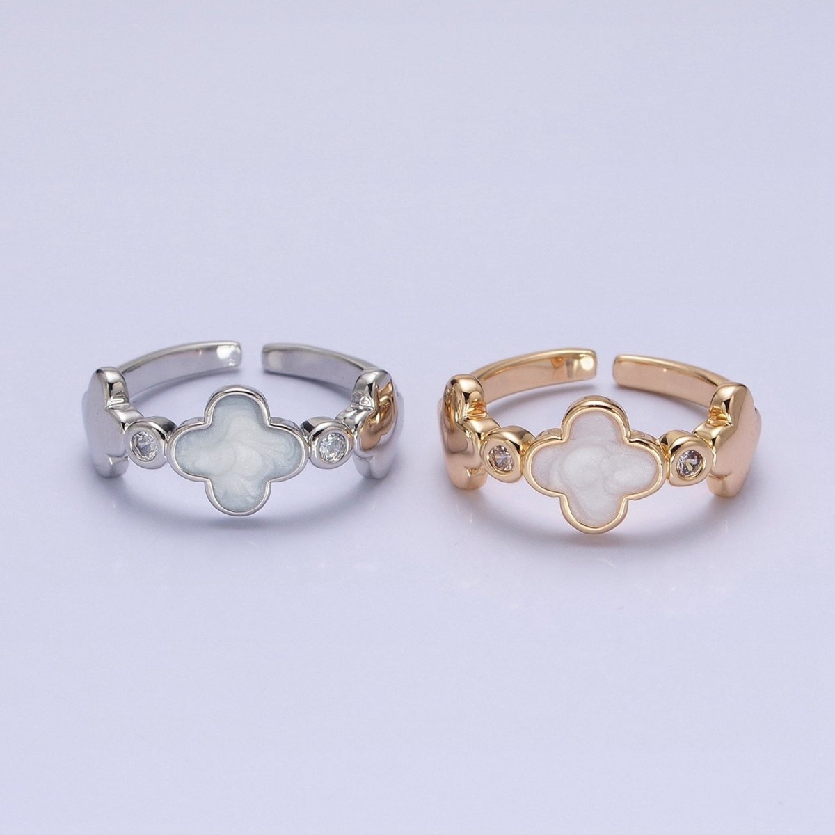 Silver, Gold Triple Clover Quatrefoil Sparkly Enamel White Clear CZ Adjustable Ring | O-1697 O-1698