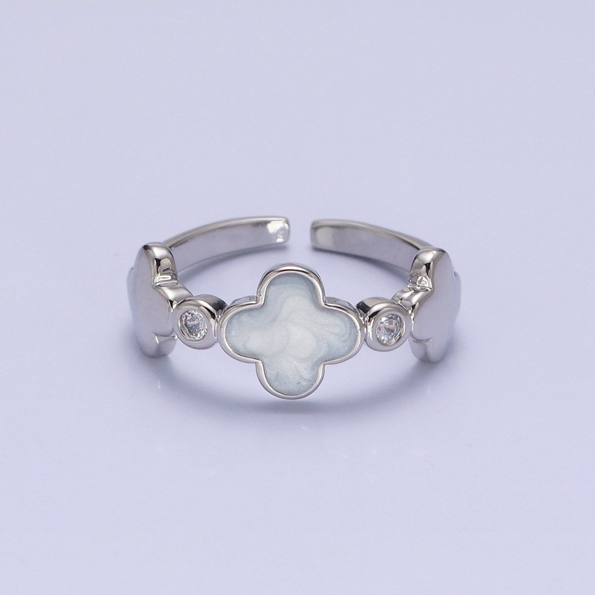 Silver, Gold Triple Clover Quatrefoil Sparkly Enamel White Clear CZ Adjustable Ring | O-1697 O-1698