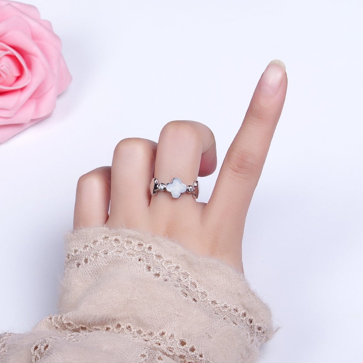 Silver, Gold Triple Clover Quatrefoil Sparkly Enamel White Clear CZ Adjustable Ring | O-1697 O-1698