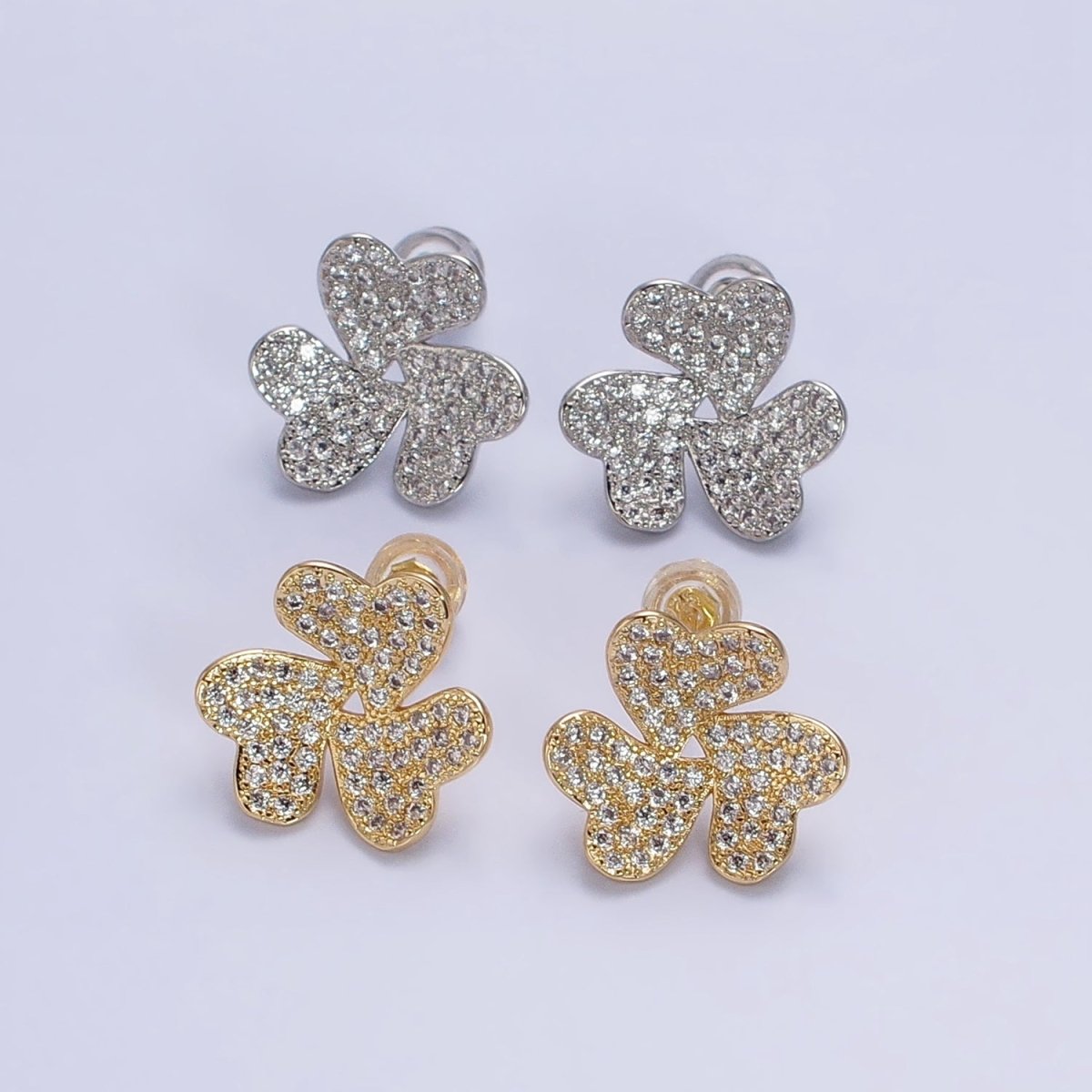 Silver, Gold Triple Micro Paved CZ Heart Flower Love Stud Earrings | AB961 AB972