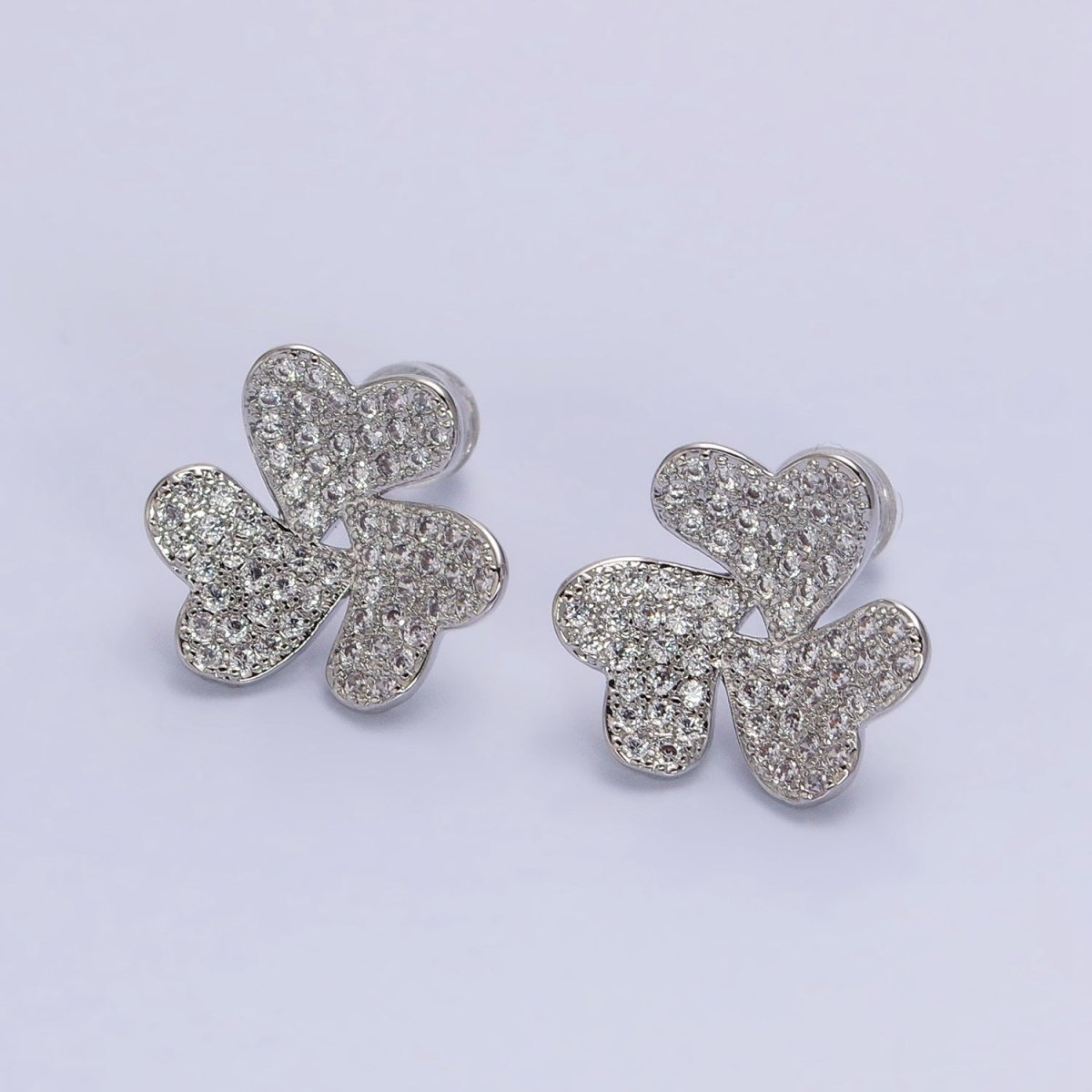 Silver, Gold Triple Micro Paved CZ Heart Flower Love Stud Earrings | AB961 AB972