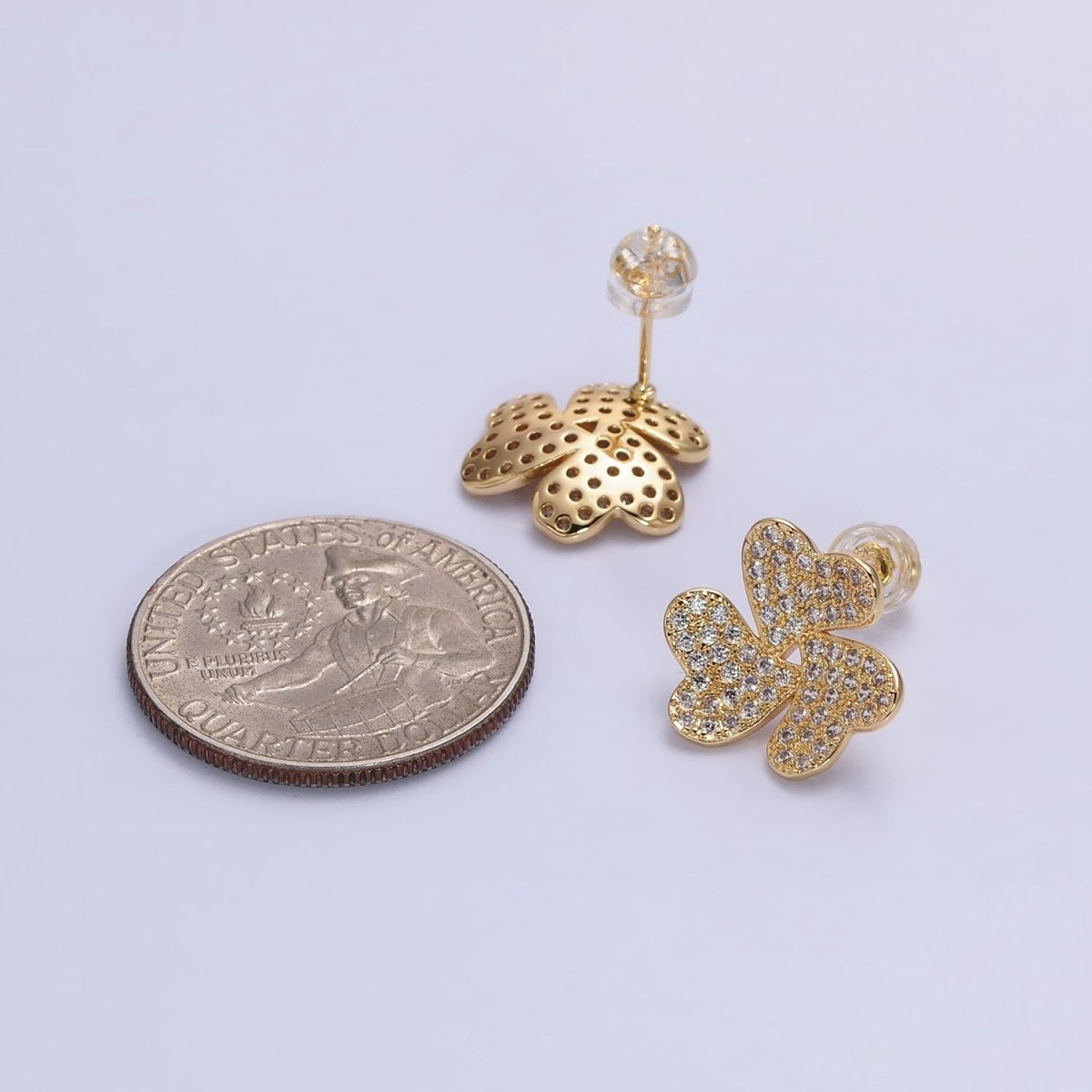 Silver, Gold Triple Micro Paved CZ Heart Flower Love Stud Earrings | AB961 AB972