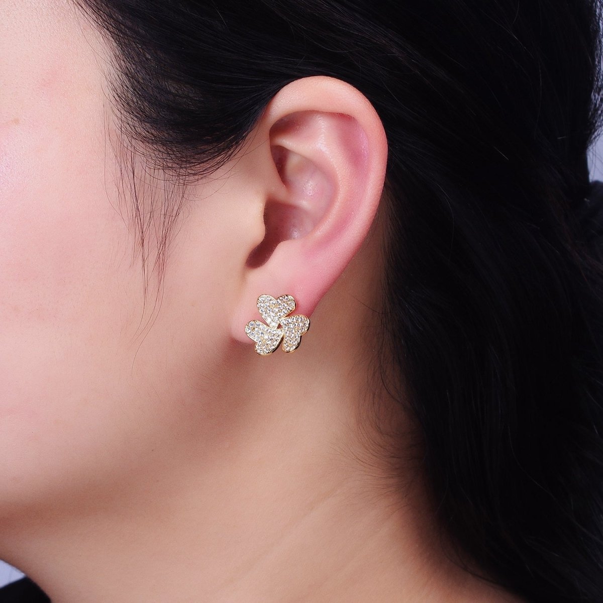 Silver, Gold Triple Micro Paved CZ Heart Flower Love Stud Earrings | AB961 AB972