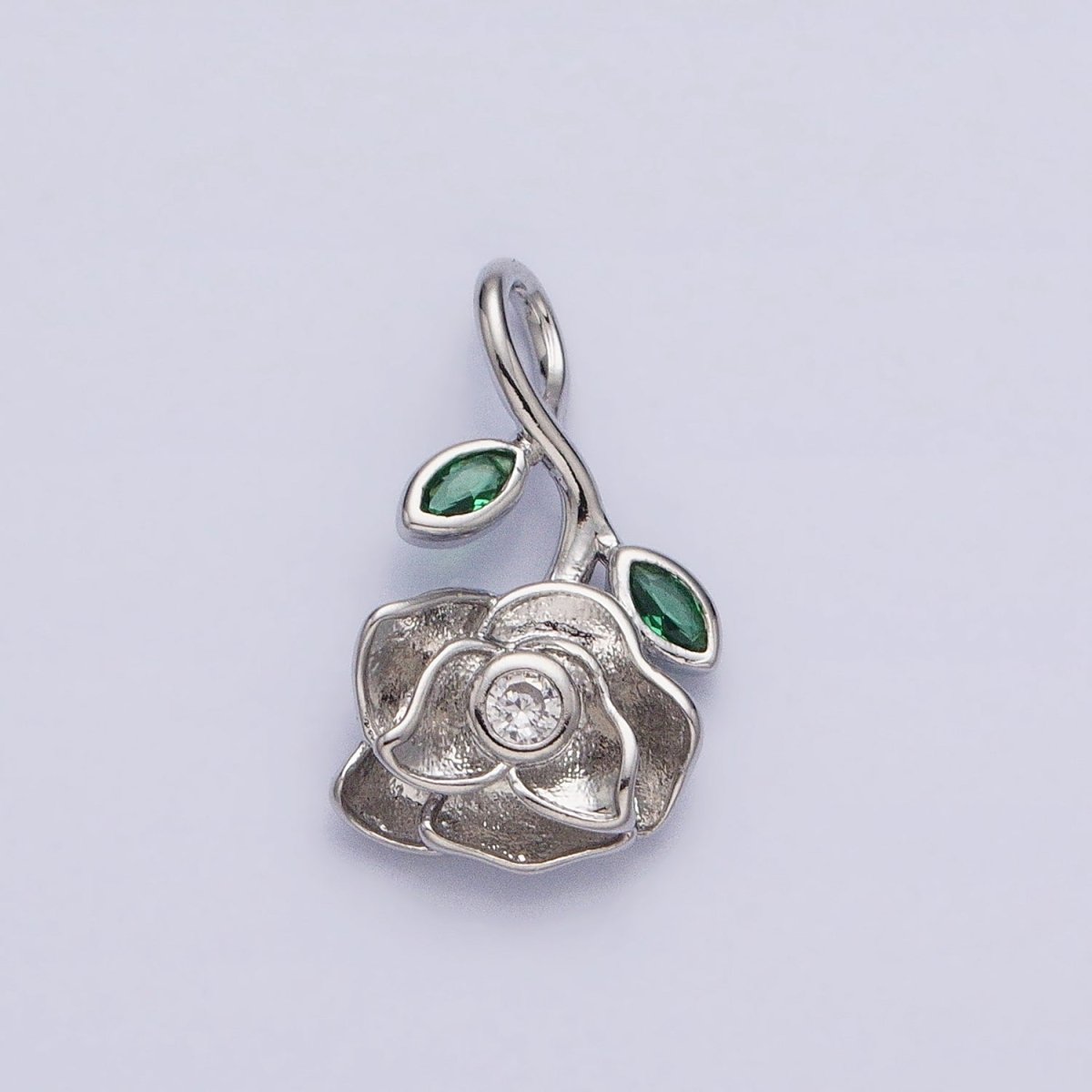 Silver, Gold Upside Down Flower Rose Clear, Green Marquise Leaf Pendant | AA349 AA355 AA356 AA363