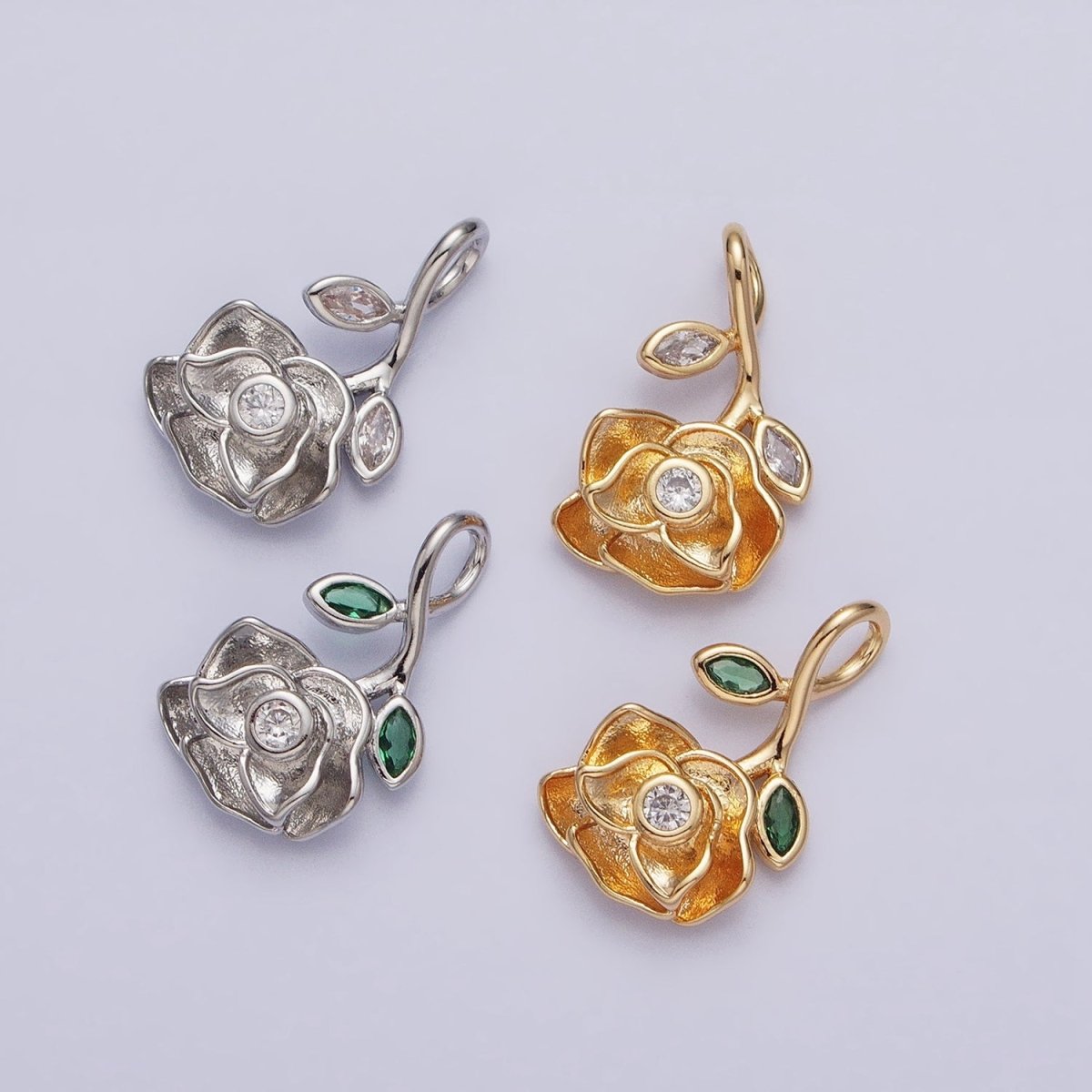 Silver, Gold Upside Down Flower Rose Clear, Green Marquise Leaf Pendant | AA349 AA355 AA356 AA363