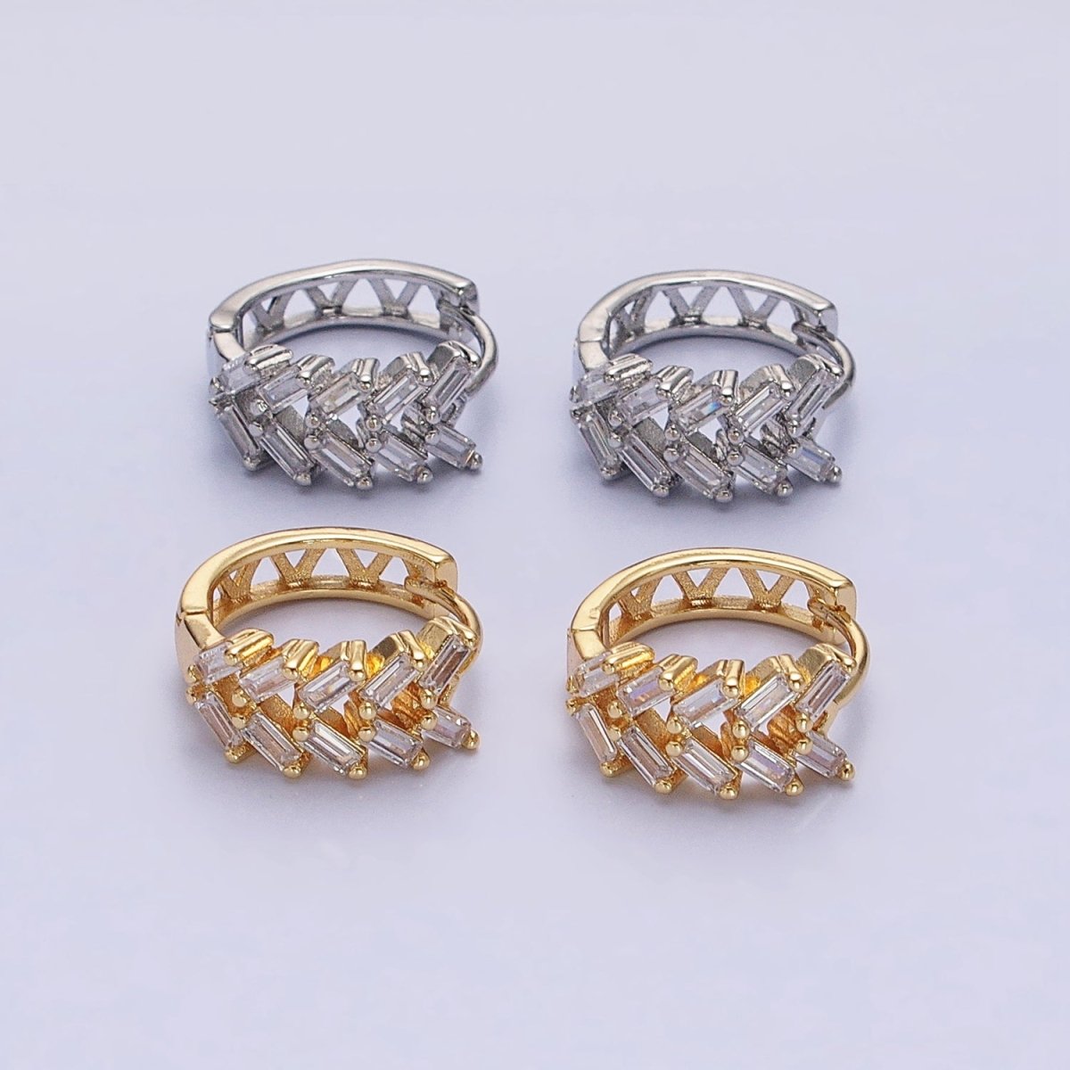 Silver, Gold V Double Clear Baguette Huggie Earrings | AB1093 AB1096