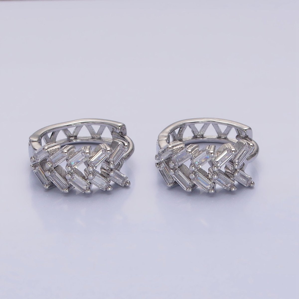 Silver, Gold V Double Clear Baguette Huggie Earrings | AB1093 AB1096