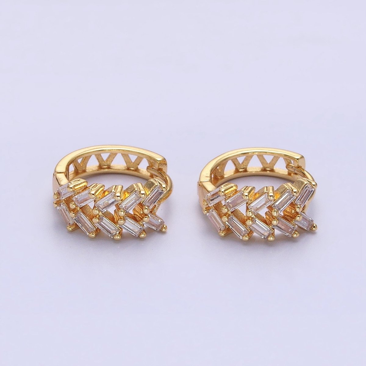 Silver, Gold V Double Clear Baguette Huggie Earrings | AB1093 AB1096