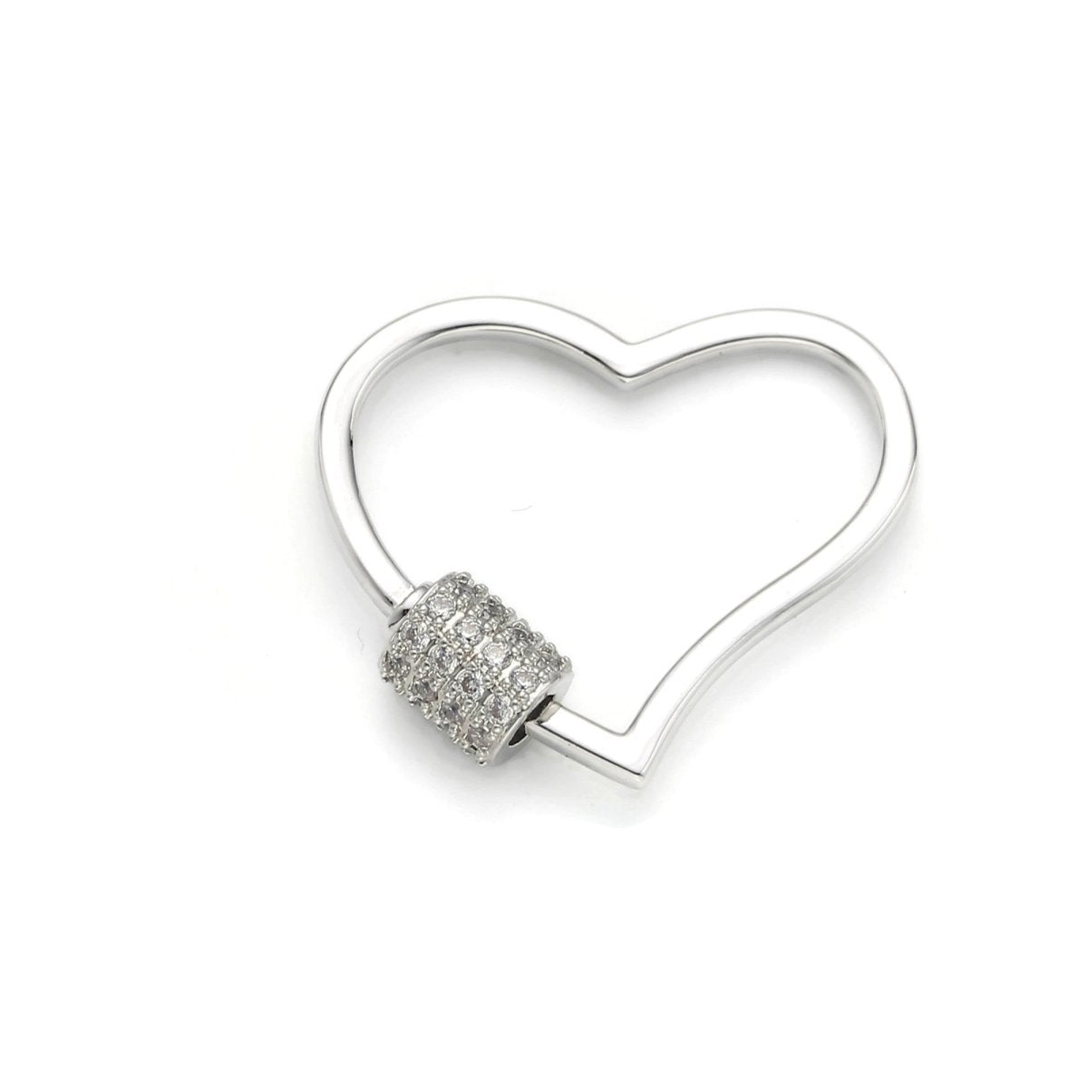 Silver Heart Carabiner, Circle Screw Clasp with Pave Cubic Zirconia Rhinestones K-129 - DLUXCA