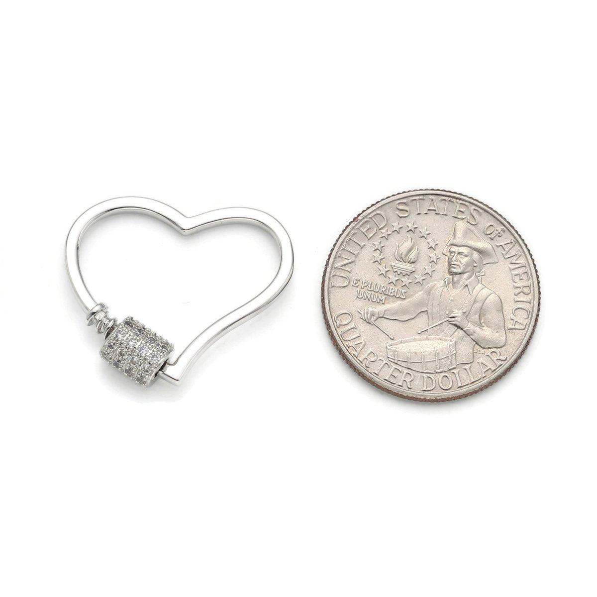 Silver Heart Carabiner, Circle Screw Clasp with Pave Cubic Zirconia Rhinestones K-129 - DLUXCA