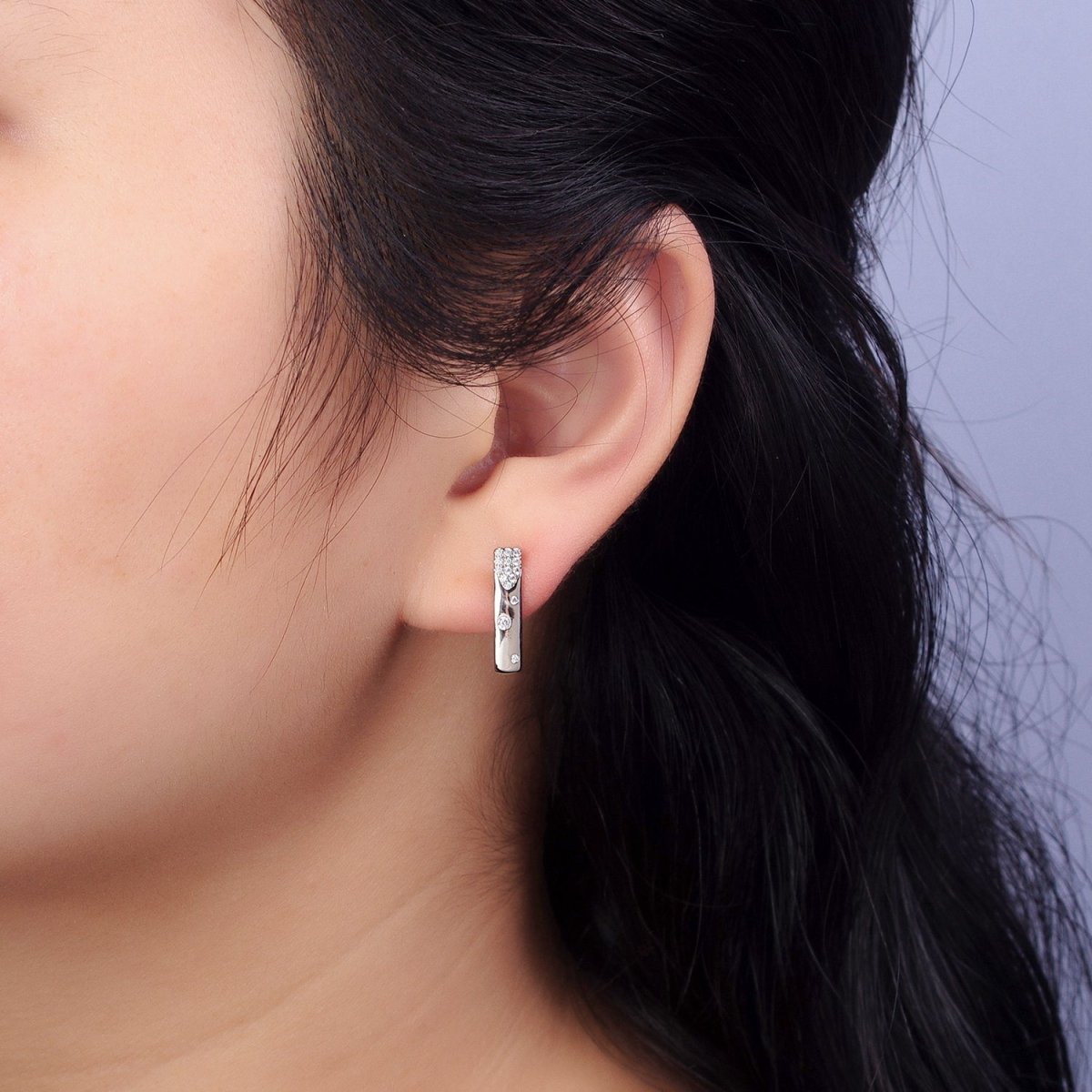 Silver Huggie Earring Clear Bubble CZ Stone for everyday earring AB1026 - DLUXCA