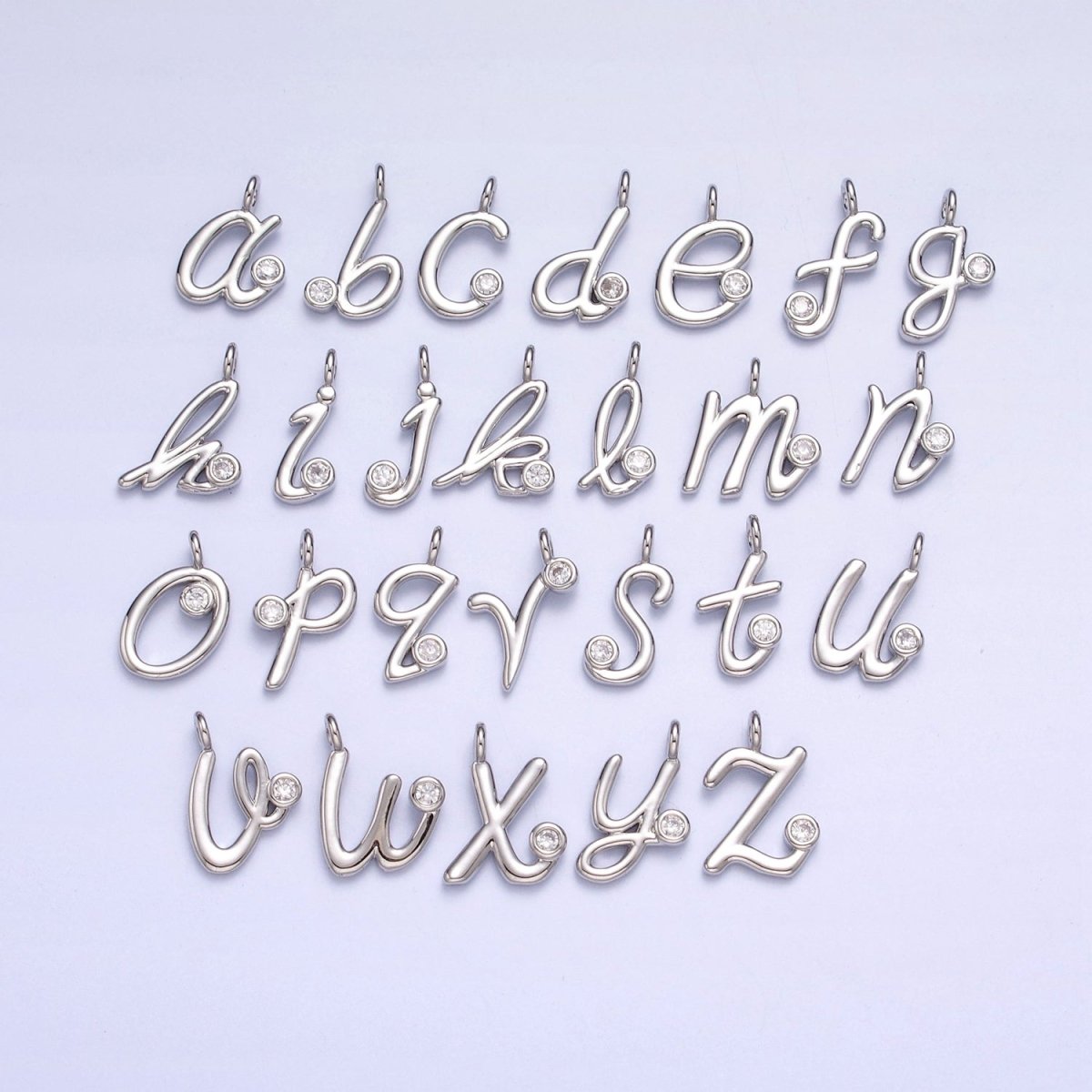 Silver Initial Alphabet Lower Case Cursive Letter Clear CZ Personalized Charm | A-533-A-545