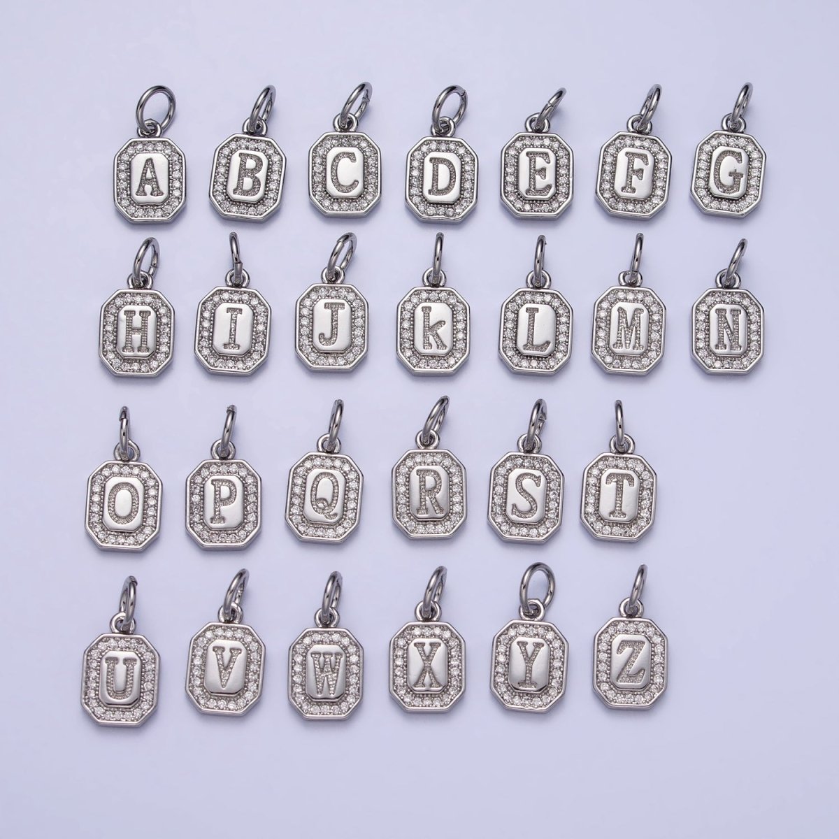 Silver Initial Letter A-Z Clear Micro Paved CZ Hexagonal Mini Charm | A-469-A-481