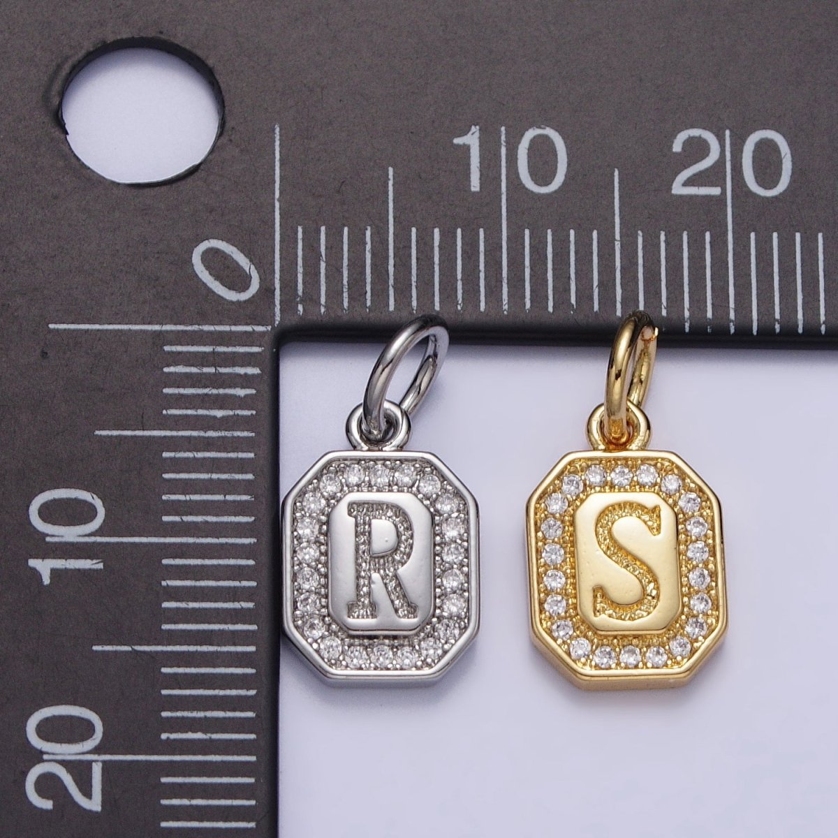 Silver Initial Letter A-Z Clear Micro Paved CZ Hexagonal Mini Charm | A-469-A-481