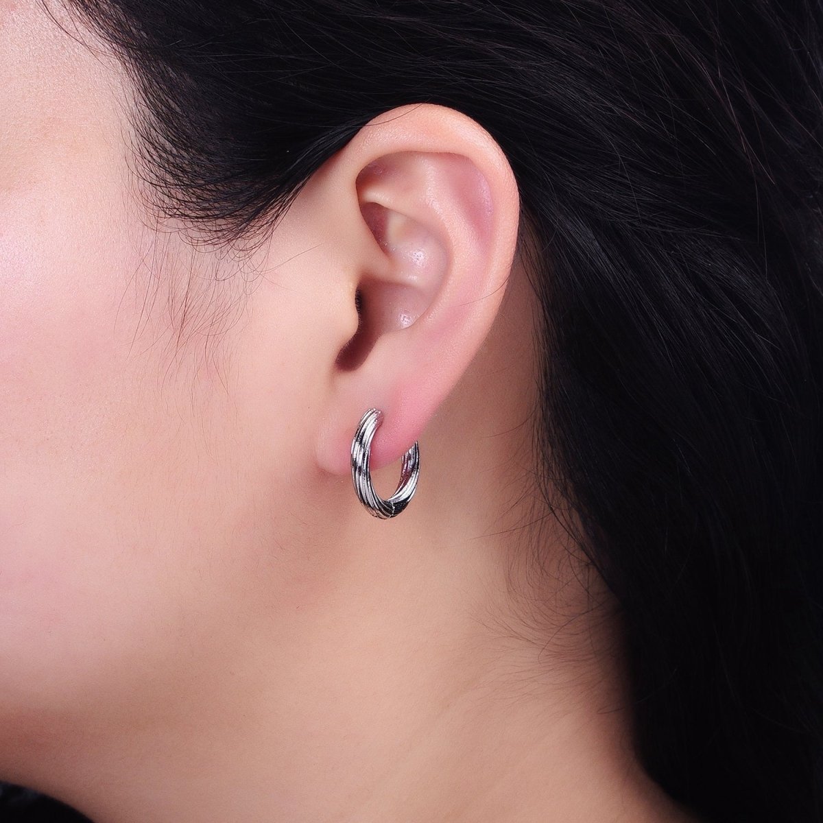 Silver Line-Textured Twisted 17mm Endless Hoop Earrings | AB820 - DLUXCA