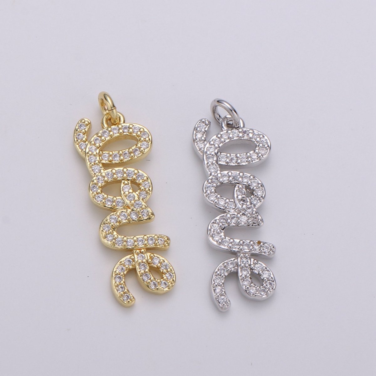 Silver Love Charm Pendant CZ Micro Pave, Love Words Pendant Charm, Gold Dangle Charm, Word Charm, Love Pendant Cubic Zirconia Charm D-457 D-458
