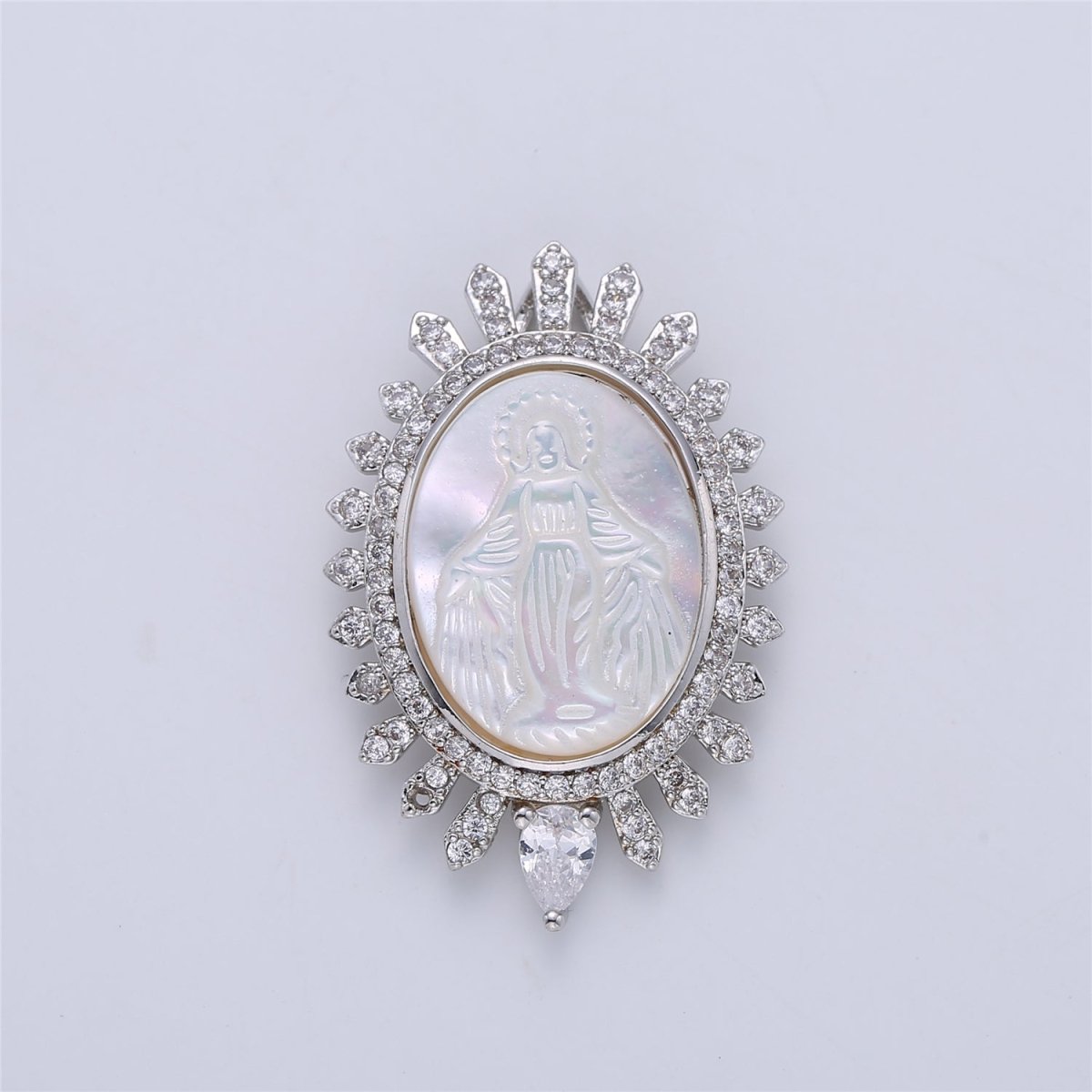 Silver Medallion Pendant Mother Of Pearl Miraculous Lady Charm Medallion Necklace Pendant with Cubic Zirconia C-705 H-773
