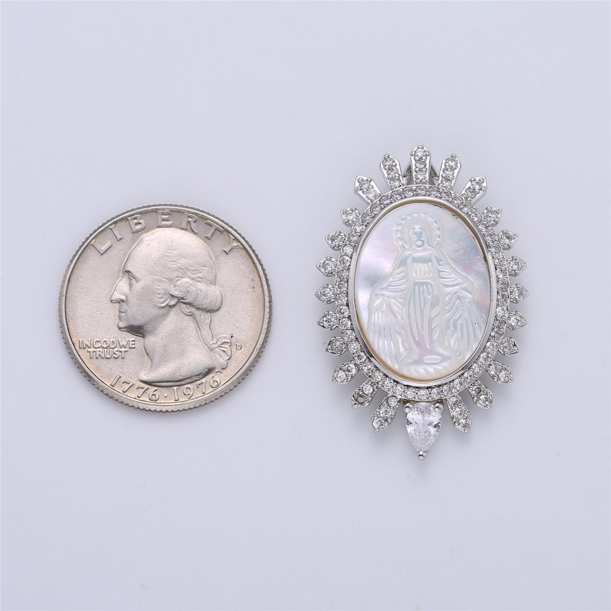 Silver Medallion Pendant Mother Of Pearl Miraculous Lady Charm Medallion Necklace Pendant with Cubic Zirconia C-705 H-773