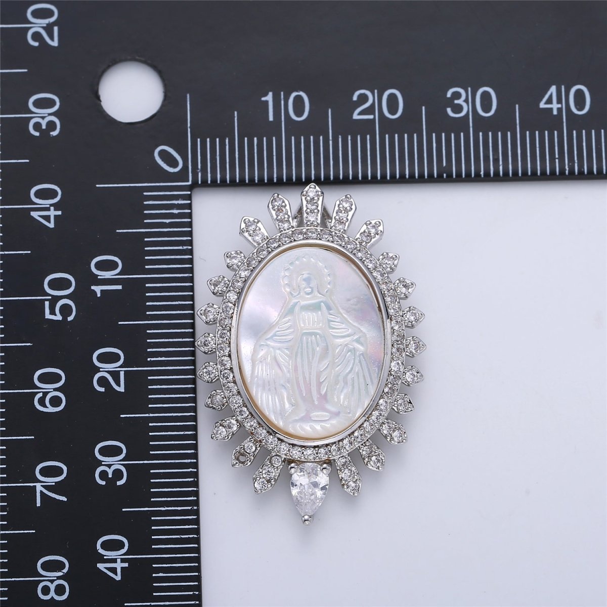 Silver Medallion Pendant Mother Of Pearl Miraculous Lady Charm Medallion Necklace Pendant with Cubic Zirconia C-705 H-773