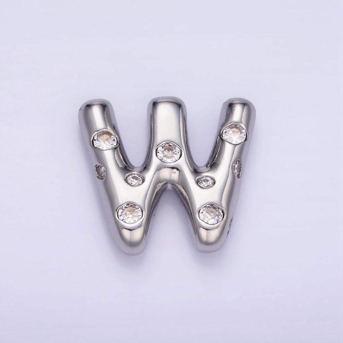 Silver Plated 20mm Clear CZ Chubby Balloon Initial Letter Pendant | A-A1028-A-A1040