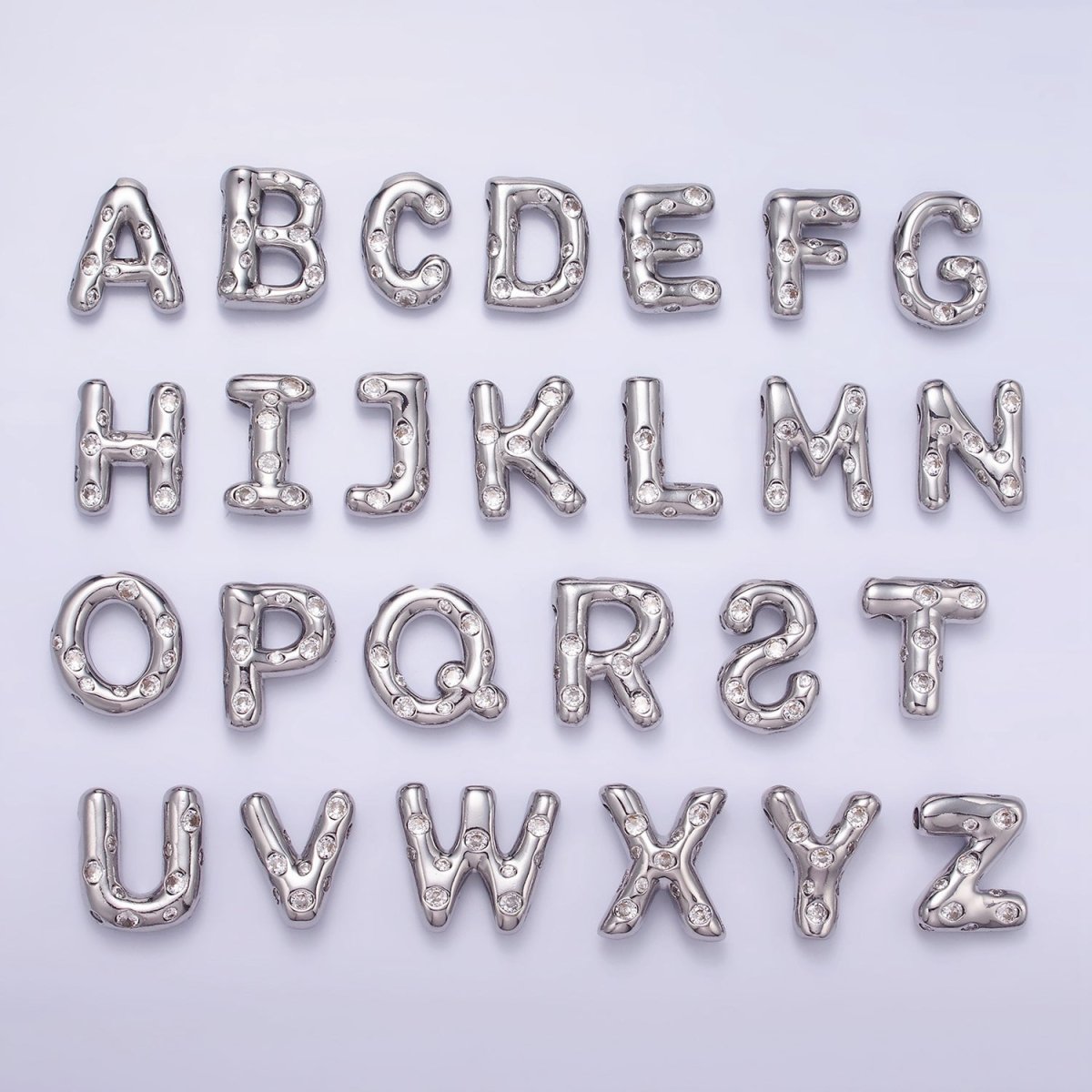 Silver Plated 20mm Clear CZ Chubby Balloon Initial Letter Pendant | A-A1028-A-A1040