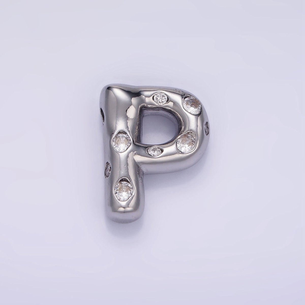 Silver Plated 20mm Clear CZ Chubby Balloon Initial Letter Pendant | A-A1028-A-A1040
