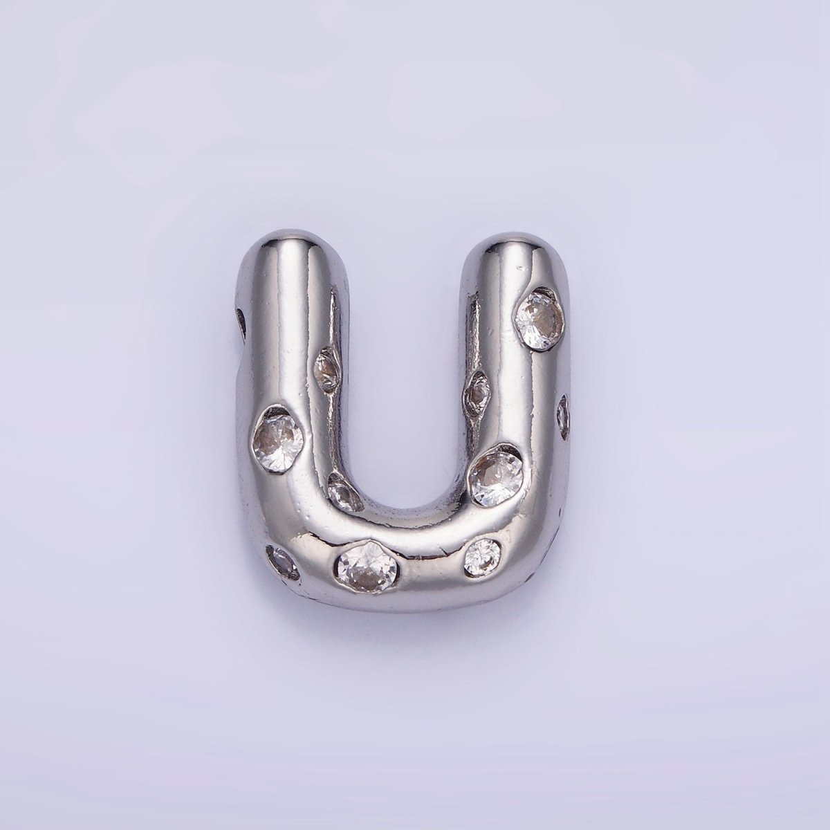 Silver Plated 20mm Clear CZ Chubby Balloon Initial Letter Pendant | A-A1028-A-A1040