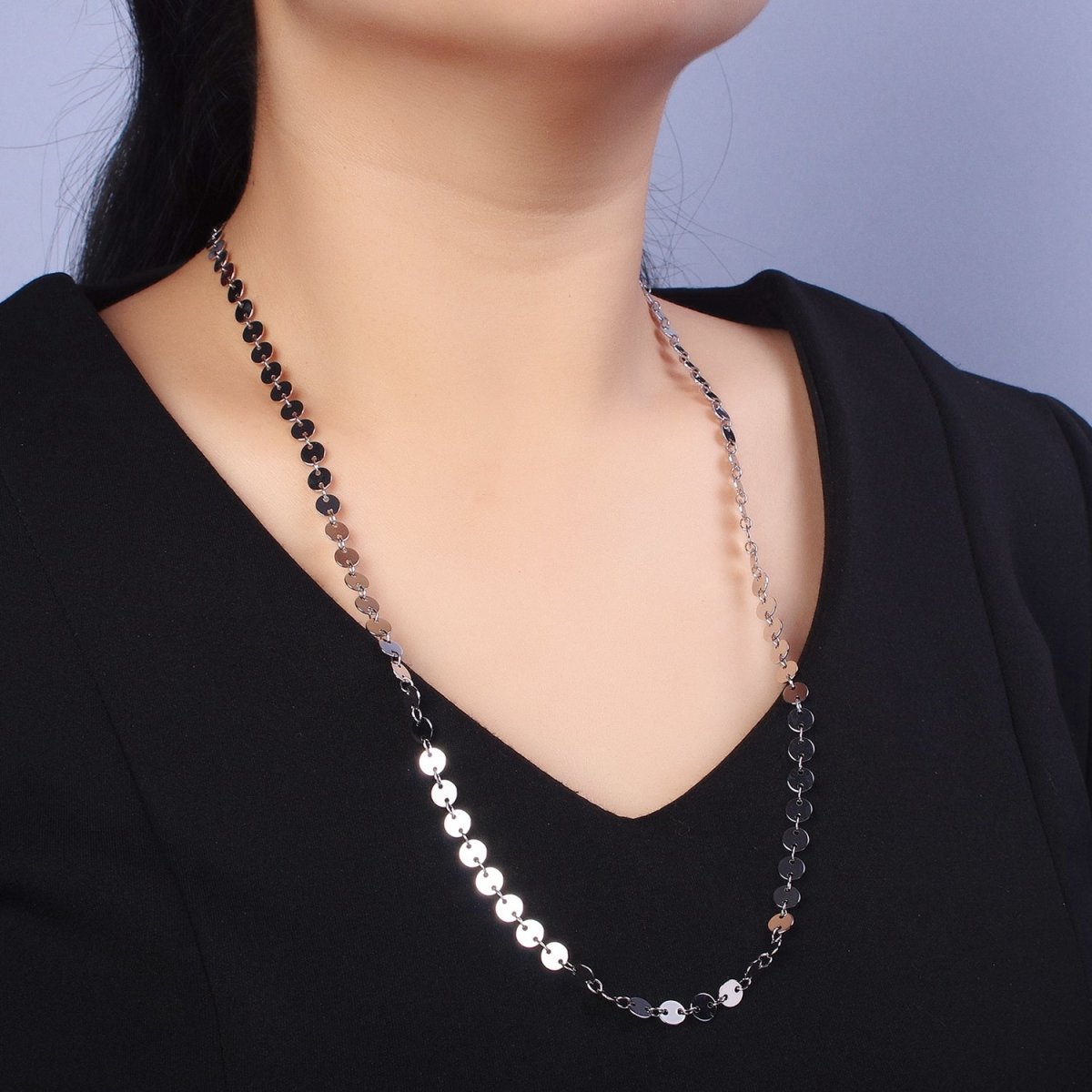 Silver SEQUIN Chain, 6mm Round Disk Disc Circle Disc Necklace Chain for Layer Jewelry Chain 23.75 inch Necklace Ready to Wear | WA-1600 Clearance Pricing - DLUXCA