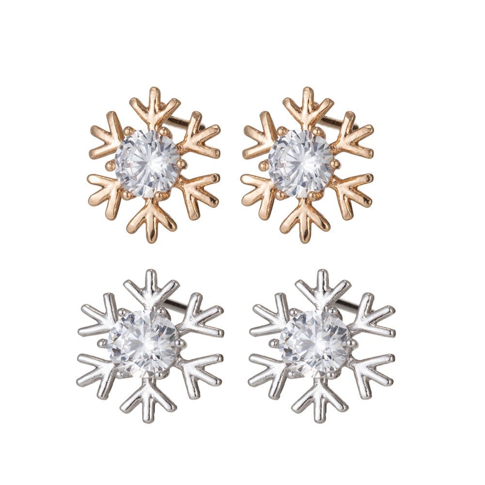 OS Silver Snowflake Earrings dangle, Gold Snow Earrings, Cubic Stud Earrings, Micro Pave Earrings Snow flake Jewelry Q-081 Q-082