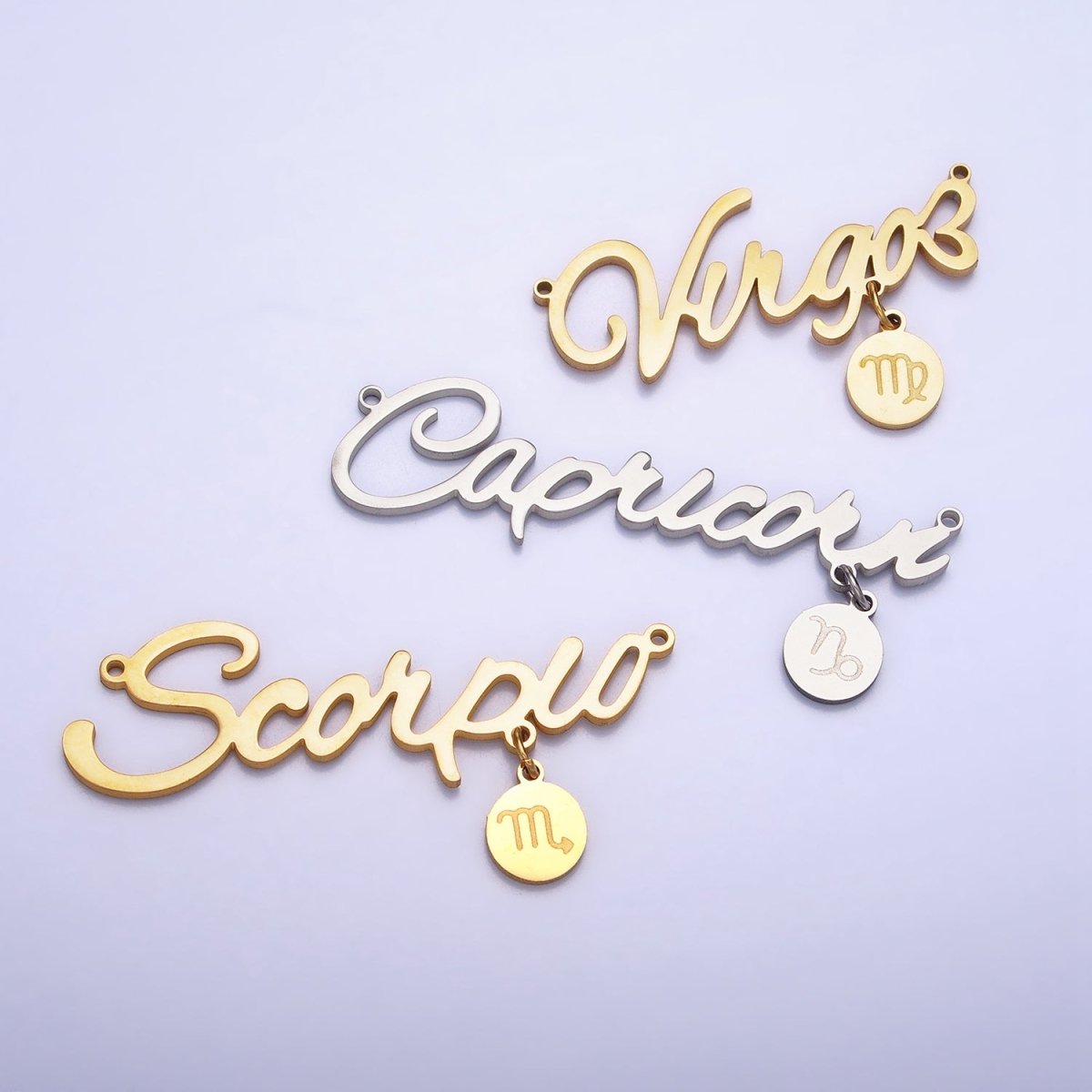 Silver Stainless Steel Zodiac Astrology Cursive Font Mini Symbol Connector Personalized Jewelry Making | A-A1385-A-A1390