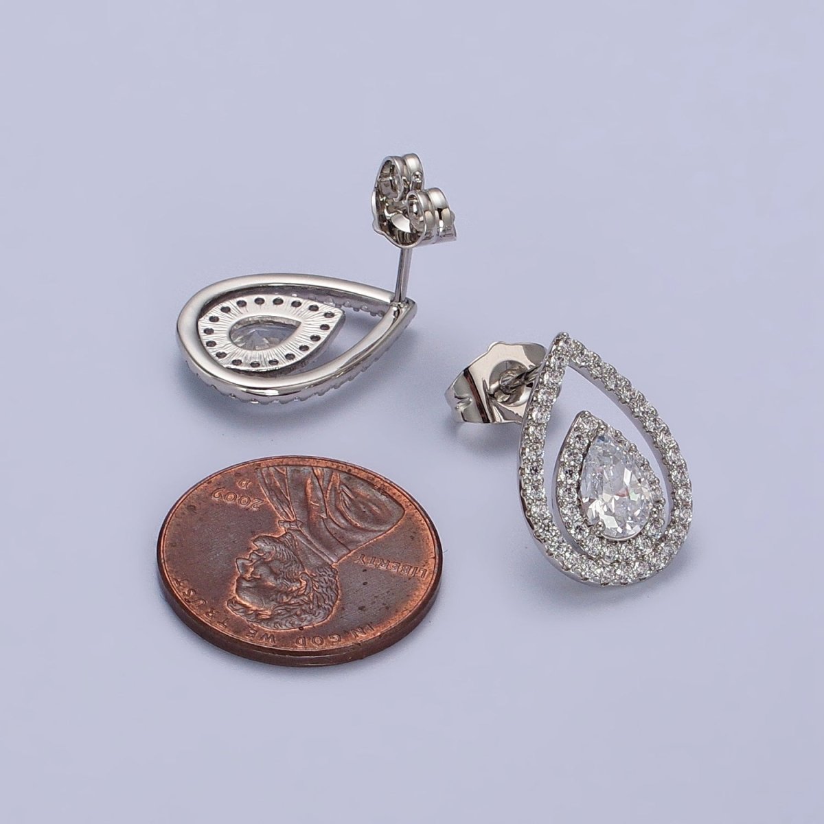 Silver Tear Drop Earring Stud with Cubic Zirconia Stone Micro Pave Pear CZ Stone AB1032 - DLUXCA