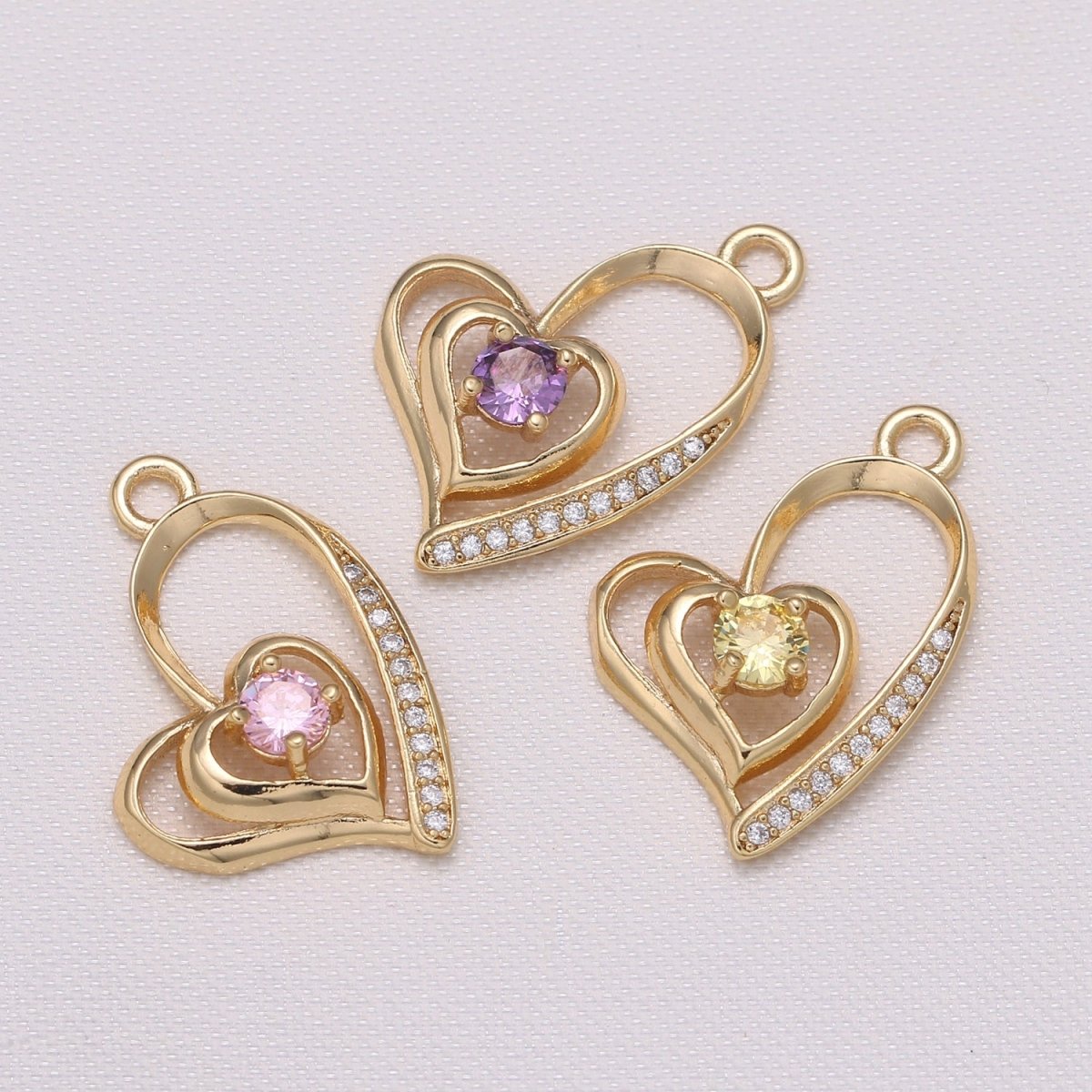 Single Crystal Stone on Double Golden Hearts Charm CZ Gold Plated Loving Heart Beat Micro Pave Charm Pendant GP-841 GP-842 GP-843