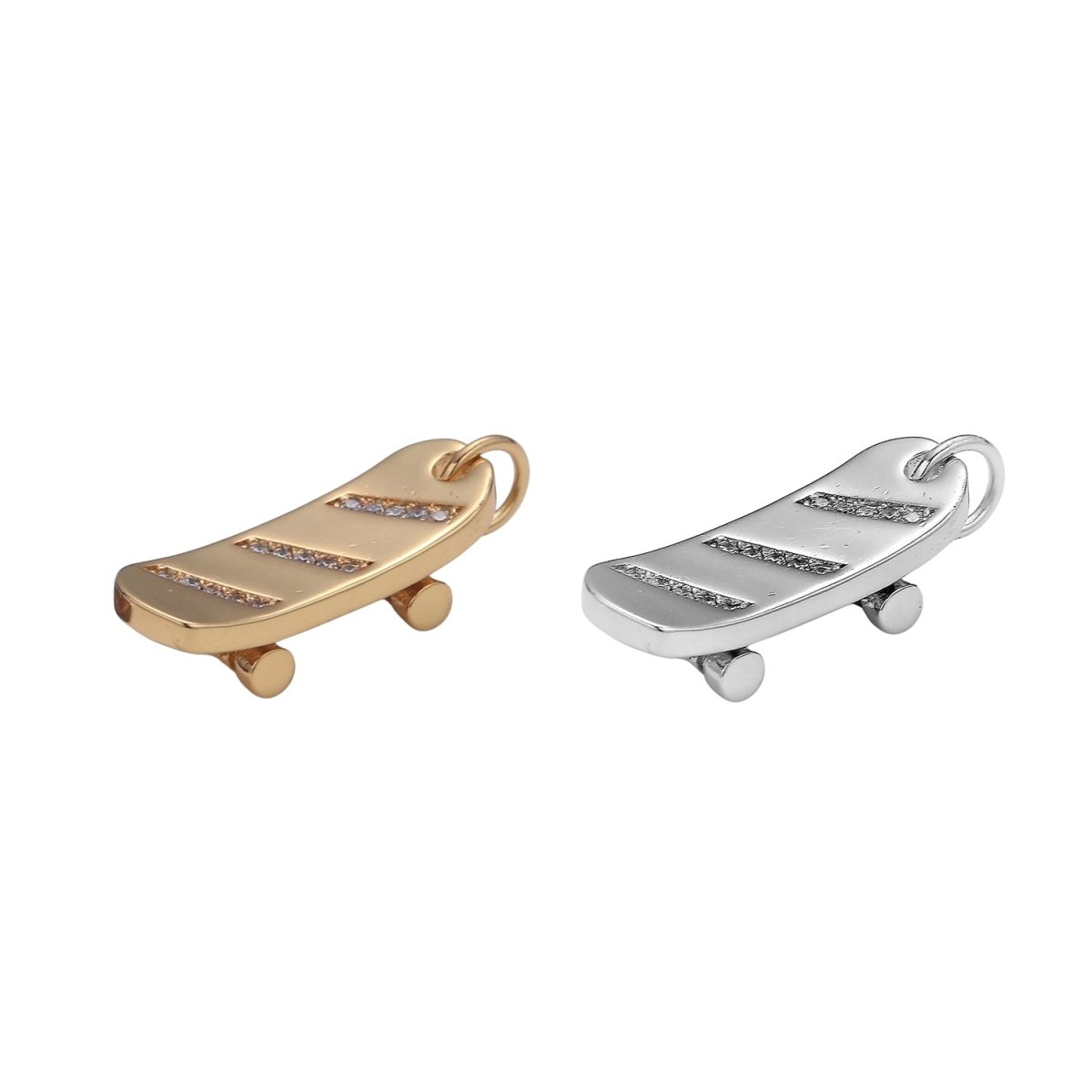 Skate Board Pave Charm, 18K Skate Board Cubic Zirconia Pendant 23X7mm Mobility Jewelry Outdoor Activity Inspired, Metro Style Design E-184 E-782