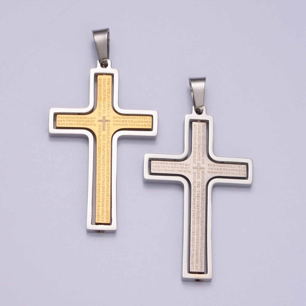 Sleek Steel Unisex Cross Necklace Pendant | Gold Cross Padre Nuestro for Men and Women | Lords Prayer Cross Pendant, Religious Medals, Our Father Pendant, Catholic Pendant,   X-635 X-636