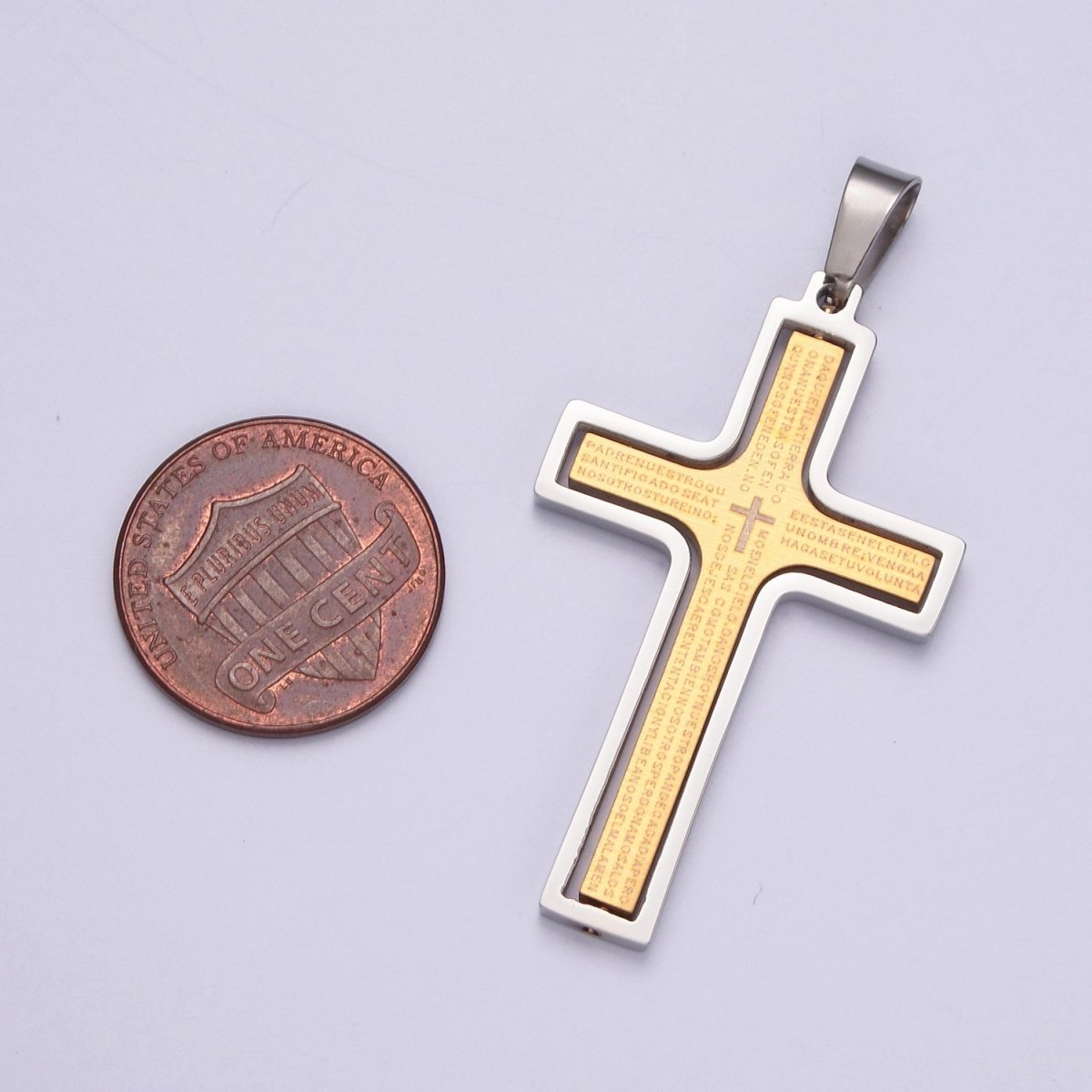Sleek Steel Unisex Cross Necklace Pendant | Gold Cross Padre Nuestro for Men and Women | Lords Prayer Cross Pendant, Religious Medals, Our Father Pendant, Catholic Pendant,   X-635 X-636