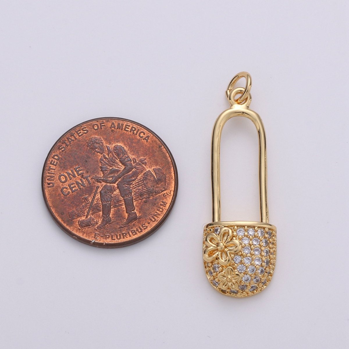Small Safety Pin CZ Cubic Zirconia Charm - 18k gold plated over Brass Tiny Gold Pin Micro Pave Charm Pendant Mini Charm for bracelet Earring, D-051 D-052
