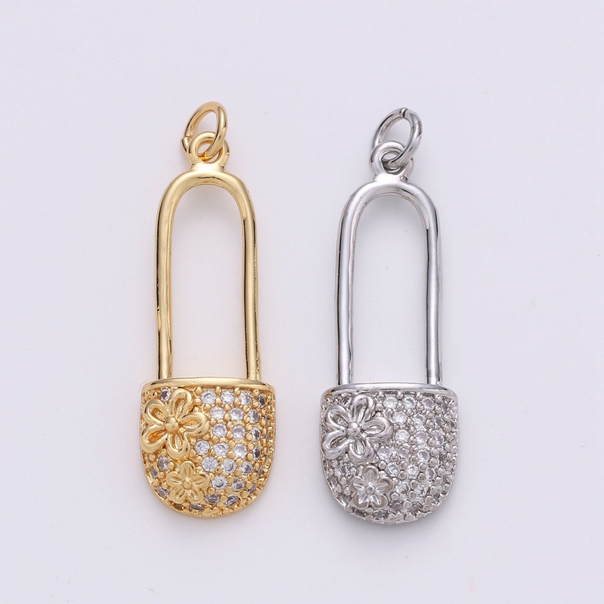 Small Safety Pin CZ Cubic Zirconia Charm - 18k gold plated over Brass Tiny Gold Pin Micro Pave Charm Pendant Mini Charm for bracelet Earring, D-051 D-052
