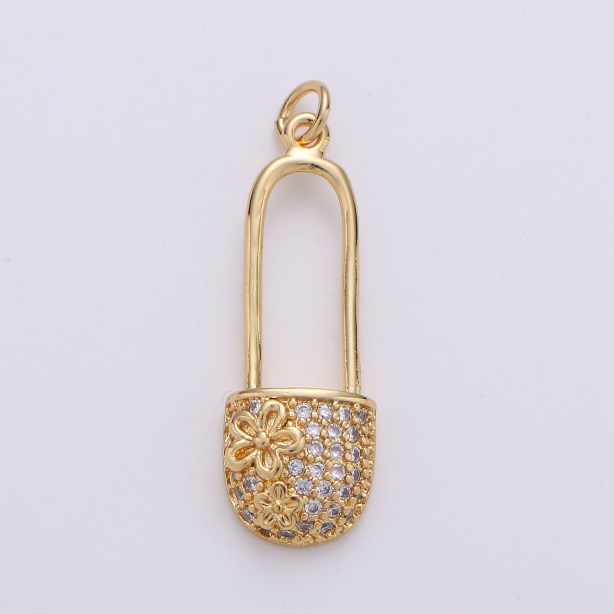 Small Safety Pin CZ Cubic Zirconia Charm - 18k gold plated over Brass Tiny Gold Pin Micro Pave Charm Pendant Mini Charm for bracelet Earring, D-051 D-052