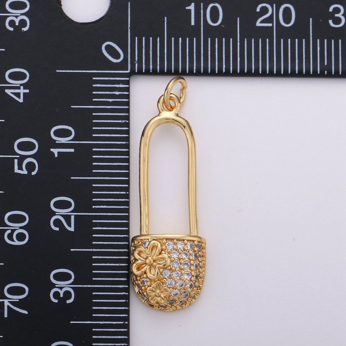 Small Safety Pin CZ Cubic Zirconia Charm - 18k gold plated over Brass Tiny Gold Pin Micro Pave Charm Pendant Mini Charm for bracelet Earring, D-051 D-052