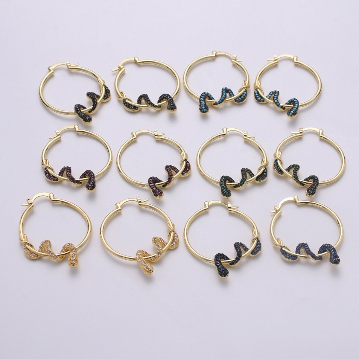 Snake earrings, snake hoop earrings serpent earrings, Gold earrings Micro Pave CZ Earring Jewelry Black Clear Blue Fuchsia Teal Zirconia Q-100 - Q-105